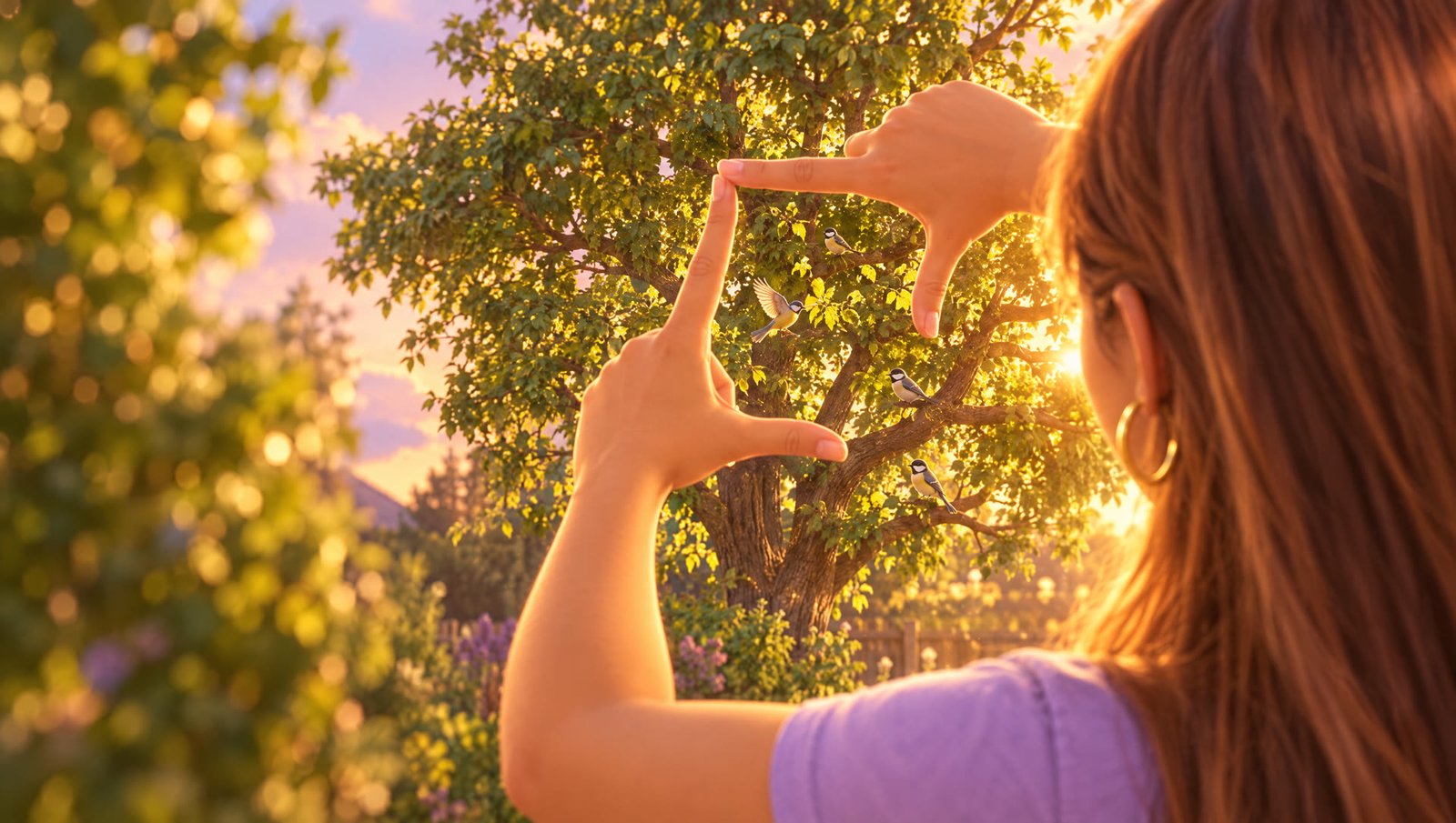 Hands framing a tree full of birds, like a camera viewfinder